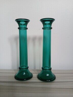 Vtg Indiana Glass Evergreen Emerald Green Glass 9" Bud Vase/Taper Candle Holders